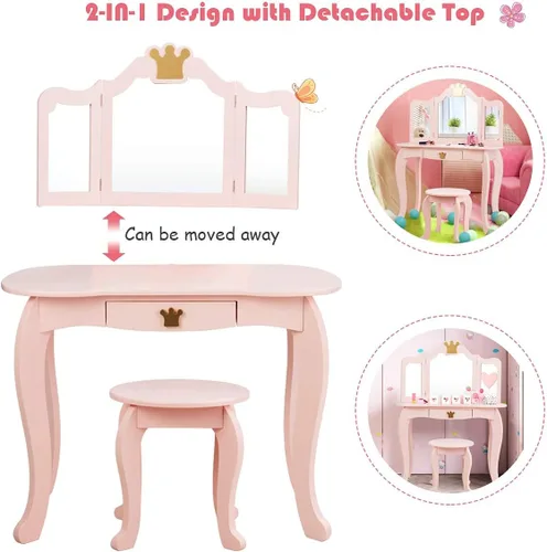 Miniatura 6 de HONEY JOY Tocador Infantil, Juego de Mesa y Silla de Maquillaje Temática de Corona para Niños con Cajón y Espejo Plegable, Espejo Desmontable, Juego