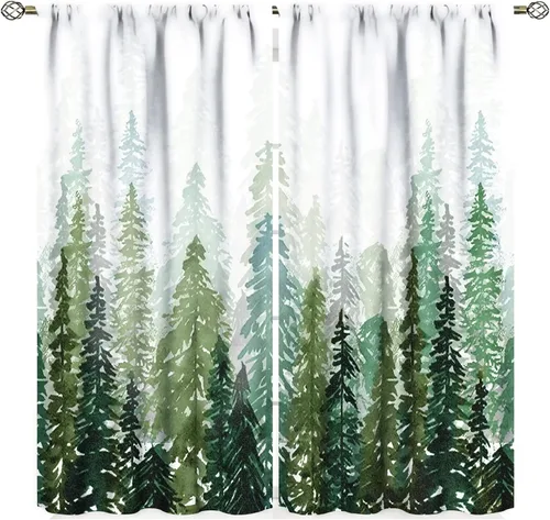 Miniatura 14 de Cortina de árbol de bosque verde, pino, coníferas, bosque, acuarela, oscurecimiento de habitación, ventana, bolsillo para barra, cortina
