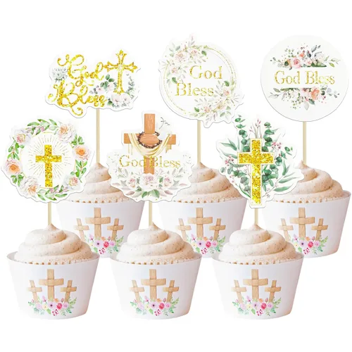 Miniatura 8 de Gyufise 25 adornos para magdalenas de la primera comunión con purpurina para la primera comunión, decoración para tartas de la primera comunión