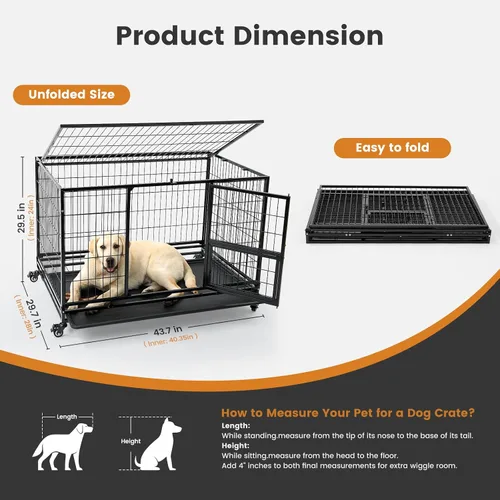 Miniatura 3 de Gardner Pet Jaula para perros resistente de 43 pulgadas con ruedas, jaula de metal plegable para perros pequeños y grandes, jaula indestructible