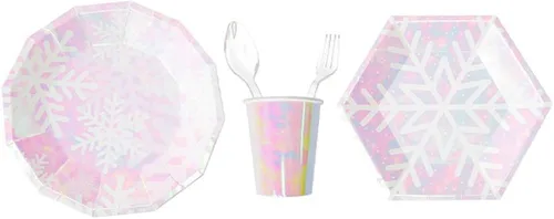 Miniatura 5 de Juego de suministros de fiesta de copo de nieve de Navidad sirve 16, suministros de fiesta temática rosa iridiscente, platos de papel de copo