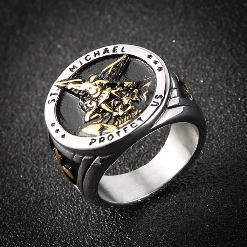 Miniatura 3 de HZMAN - Anillo de San Miguel El Gran Arcángel protector derrotando a Satanás estatuilla de acero inoxidable