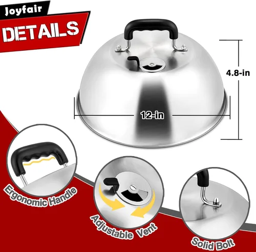 Miniatura 2 de Joyfair - Juego de 3 cúpula para fundir queso, tapas de cocción para parrilla de acero inoxidable con ventilación ajustable para barbacoas/cocina al