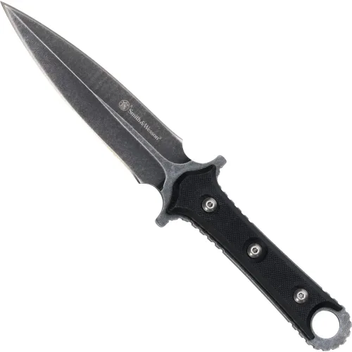 Smith & Wesson SWF606 - Cuchillo de hoja fija SS de alto carbono de 8.6 pulgadas con hoja de borde duelo de 4.4 pulgadas y mango TPE para