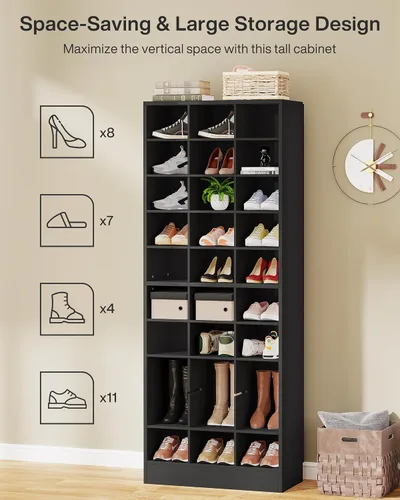 Miniatura 7 de Tribesigns Armario de almacenamiento de zapatos de 10 niveles, zapatero de madera negro con 30 cubículos, organizador de zapatos alto independiente