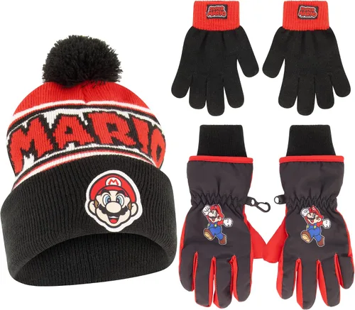 Nintendo Sombrero de invierno para niños con guantes de punto y guantes de esquí aislados Super Mario para niños de 4 a 7 años Mario