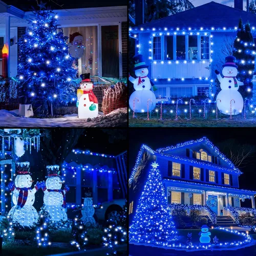 Miniatura 8 de QITONG Paquete de 2 luces solares azules y blancas de Navidad, cada cadena de 200 luces LED solares de 66 pies para exteriores, impermeable, 8 modos