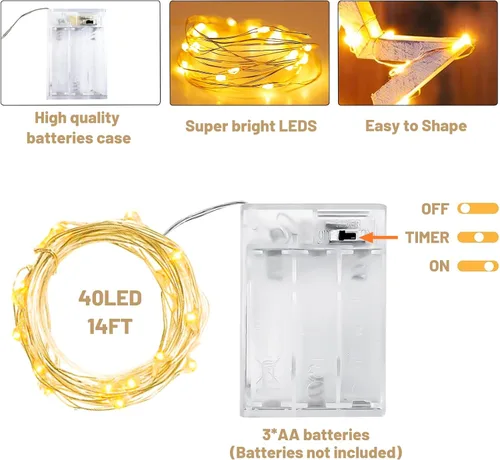 Miniatura 5 de Yiaht Paquete de 12 Luces de Hadas LED a Pilas con Temporizador, Luces de Cadena Impermeables de Alambre Plateado de 14 Pies, 40 LED Centelleantes