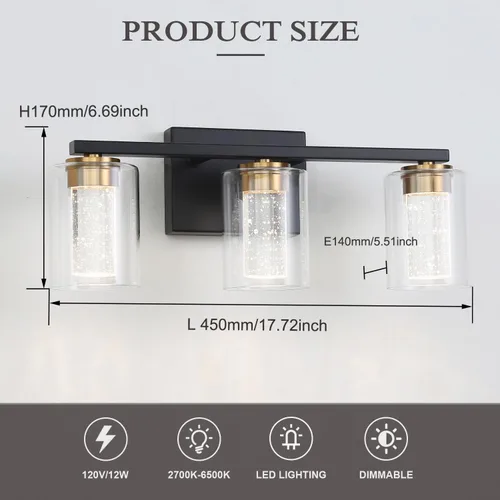 Miniatura 4 de EMONG Lámpara de baño de 3 luces negras y doradas, luces LED regulables de 5 CCT con vidrio transparente, 2700 K-6500 K, luz de tocador de baño