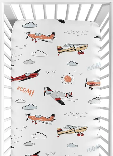 Sweet Jojo Designs Vintage Airplane Boy Sábana bajera para cuna para bebé o niño pequeño, gris, amarillo, naranja, rojo, blanco y azul, avión, Avión
