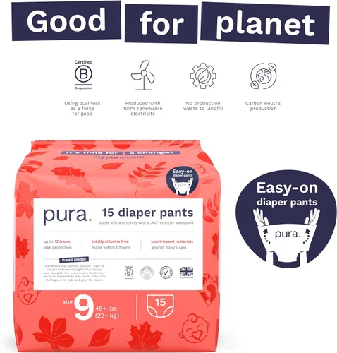 Miniatura 5 de Pura Pantalones de Pañal Hipoalergénicos Talla 9 (48+ lbs) para la Noche, hasta 12 Horas de Protección contra Fugas, Adecuados para Piel Sensible
