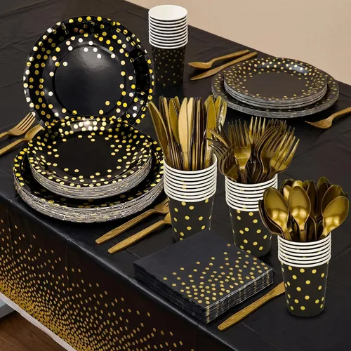 Miniatura 2 de Juego de vajilla desechable dorada de 176 piezas y vajilla de fiesta desechable con lunares dorados, platos de papel negro, servilletas, vasos