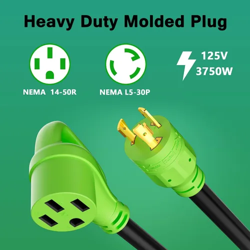 Miniatura 3 de Cable adaptador de generador RV de 30 amperios a 50 amperios, enchufe macho de bloqueo giratorio NEMA L5-30P a receptáculo hembra NEMA 14-50R