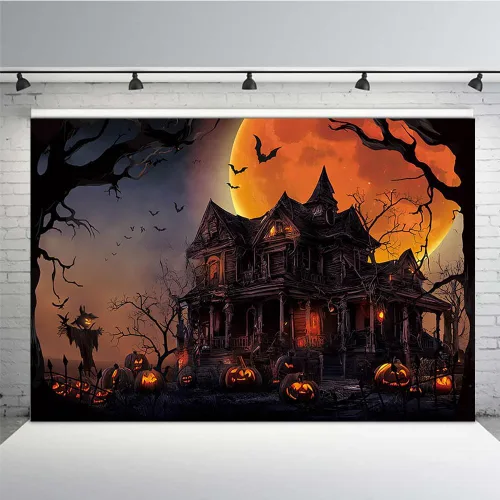 Miniatura 7 de MEHOFOND Telón de fondo aterrador de Halloween de 7 x 5 pies, murciélago de luna aterradora, calabaza aterradora, noche de Halloween, luna llena