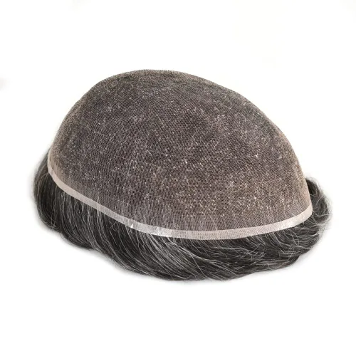 Miniatura 123 de Toupee para hombres nudos blanqueados hombres toupee hairpieces europeo virgen sistema de reemplazo de cabello humano suave encaje francés hombres