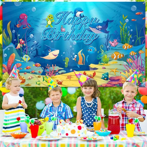 Miniatura 4 de Fondo de fiesta de cumpleaños bajo el mar, decoración de fiesta temática oceánica, fondo de fotos subacuáticas con delfín, tiburón, animales marinos