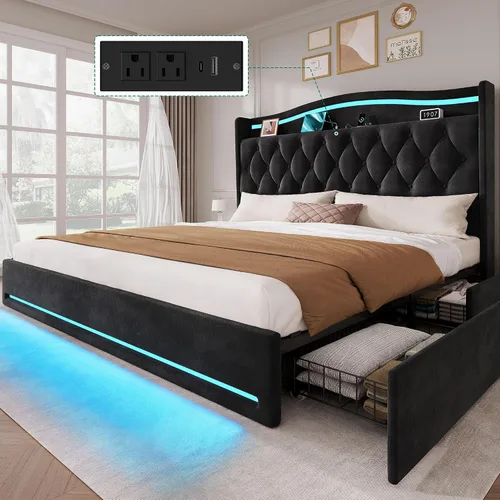 Miniatura 13 de YITAHOME Base de cama tamaño King con 4 cajones de almacenamiento y luces LED RGB, cama tapizada de terciopelo de 57 pulgadas de alto con estación