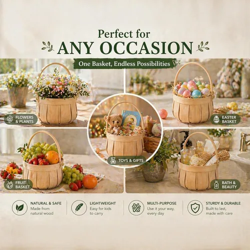 Miniatura 6 de Pequeña cesta de almacenamiento decorativa de madera redonda natural con mango