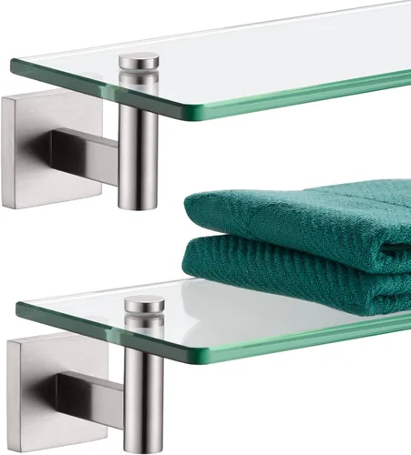 Miniatura 14 de KOKOSIRI Estantes de Pared Hardware de Baño Estante Flotante de Vidrio de 12 Pulgadas para Dormitorio, Sala de Estar, Cocina, Rack Colgante Bronce