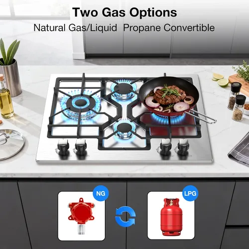 Miniatura 5 de Estufa de gas de 24 pulgadas, estufa de propano integrada con 4 quemadores, estufa de acero inoxidable convertible de NG/LPG con protección
