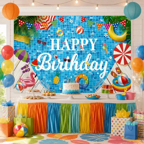 Miniatura 7 de Decoraciones de fiesta de cumpleaños para piscina, pancarta de feliz cumpleaños, telón de fondo de fiesta de piscina para fiesta de cumpleaños