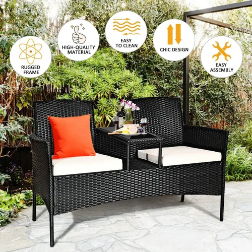 Miniatura 2 de RELAX4LIFE Juego de muebles de conversación con mesa y dos cojines extraíbles, sillas de mimbre de ratán y juego de mesa para patio, jardín, balcón