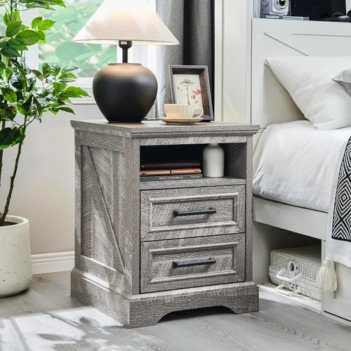 Miniatura 12 de ACCOHOHO Mesita de noche de 18" estilo granja con estación de carga, mesa auxiliar con 2 cajones de almacenamiento, mesa de cabecera, mueble