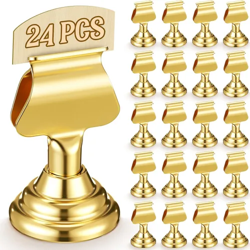 Kathfly 24 soportes para números de mesa de boda de 1.7 pulgadas, mini soportes de metal dorado para tarjetas de lugar a granel, soportes para