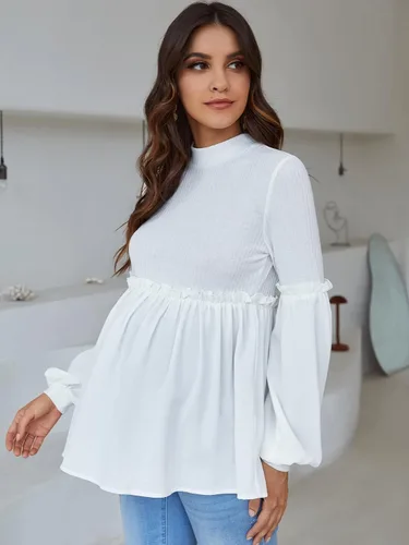 Miniatura 4 de MakeMeChic Camisa de maternidad de manga larga con cuello alto falso y ribete de volantes para mujer