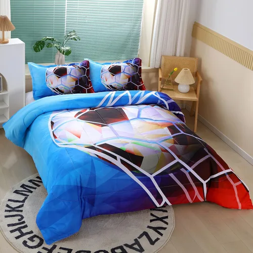 Miniatura 2 de Suncloris Juego de edredón de fútbol 3D para niños, edredón de ropa de cama deportiva tamaño individual con temática de fútbol con 2 fundas