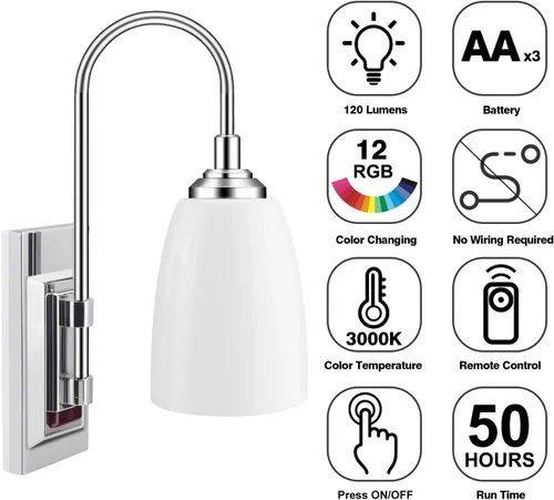 Miniatura 3 de HONWELL Lámpara de pared LED que funciona con pilas, para interiores, inalámbrica, 2 unidades, 2 unidades, control remoto, multicolor, aplique