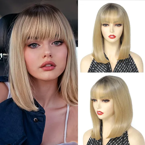 Miniatura 9 de Peluca Bob Marrón Ceniza con Flequillo, Peluca Corta y Lisa para Mujeres y Niñas, 12 Pulgadas, Resistente al Calor, Peluca de Cabello Bob Sintético