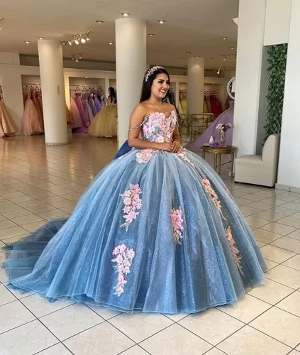 Miniatura 3 de Mauuwy Vestidos de quinceañera con hombros descubiertos, vestido de baile de tul hinchado dulce 16 vestidos largos de encaje brillante vestido