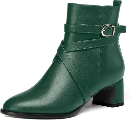 Miniatura 13 de WAYDERNS Botas altas de tobillo con hebilla casual para mujer, con correa de tobillo sólida mate, tacón bajo y grueso, 2 pulgadas