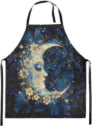 Castle Fairy Mountain Moon Chef Apron,Starry Night Sky Apron 31"x26",Natural Landscape Painting Kitchen Aprons for Women Blue Beige Yellow