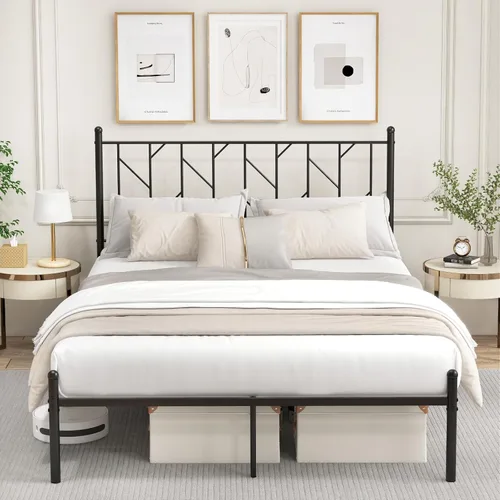 Miniatura 4 de Giantex Base de cama de metal negro con cabecera de estilo victoriano, base de cama de plataforma de 12.5 pulgadas con soporte de 14 listones