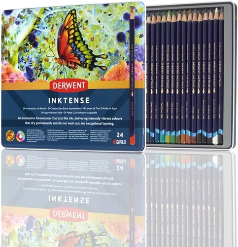 Derwent Inktense - Juego de 24 lápices en caja metálica, núcleo redondo de 4mm, firme, soluble en agua, ideal para acuarela, ilustrar, colorear
