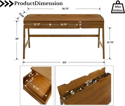 Miniatura 2 de HNY Escritorio de madera negra de 59 pulgadas con 3 cajones, mesa de estudio de computadora con parte superior de MDF, patas de madera maciza