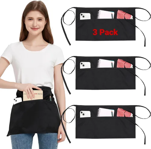 Miniatura 22 de Paquete de 3 delantales de cintura con 3 bolsillos, delantales de camarero unisex negros, delantales resistentes al agua para restaurante, chef y bar