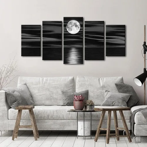 Miniatura 4 de Wieco Art Lienzo impreso con diseño de luna llena en la noche, diseño de playa en blanco y negro para sala de estar, dormitorio, cocina, decoración