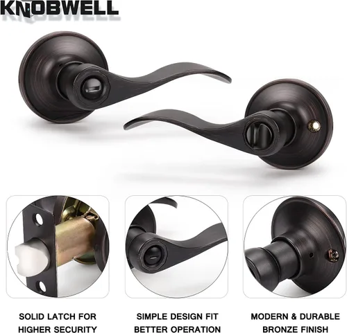Miniatura 4 de KNOBWELL Paquete de 10 manijas interiores de bronce para puertas de privacidad, para baño/dormitorio, palancas de puerta sin llave para izquierda