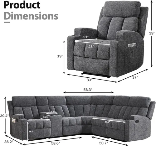 Miniatura 2 de CANMOV Juego de sofá modular reclinable manual, juegos de muebles de tela en forma de L, sofá esquinero modular reclinable y silla reclinable