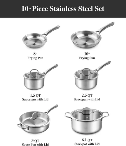 Miniatura 7 de Juego de utensilios de cocina de acero inoxidable, juego de ollas y sartenes de tirador, 10 piezas de utensilios de cocina de inducción de acero