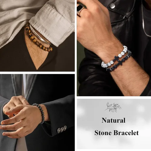 Miniatura 2 de Jewdreamer 12 piezas de pulseras de cuentas para hombres, pulseras de 8 mm de ojo de tigre, pulsera de piedra natural, cuentas de cristal en cruz