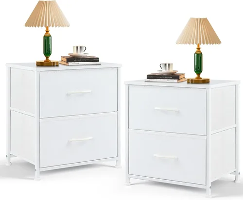 Miniatura 9 de Mesita de noche, pequeña cómoda de 2 cajones mesa auxiliar muebles de cabecera, contenedores de tela con superficie de madera para dormitorio, Blanco