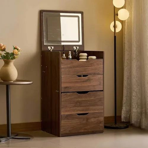 Miniatura 3 de Escritorio de tocador 3 en 1 con luces y espejo abatible, juego de mesa de maquillaje pequeño con cajones y silla de almacenamiento, parte superior