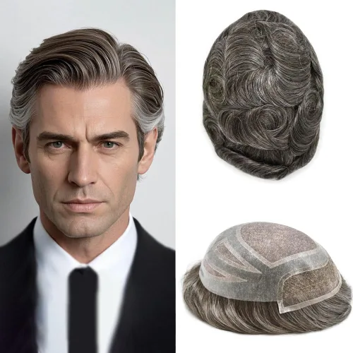 Miniatura 12 de Sistema de repuesto de piezas de cabello humano tipo tupé para hombre, transpirable, encaje francés, peluca para hombre, peluca de piel de #1B Negro