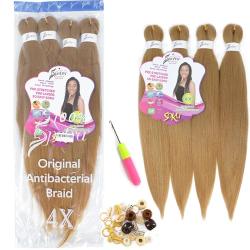Miniatura 5 de SOKU Extensiones de cabello trenzado preestiradas de 24 pulgadas – 8 paquetes de trenzas de color rubio miel fresa, trenzas sintéticas profesionales