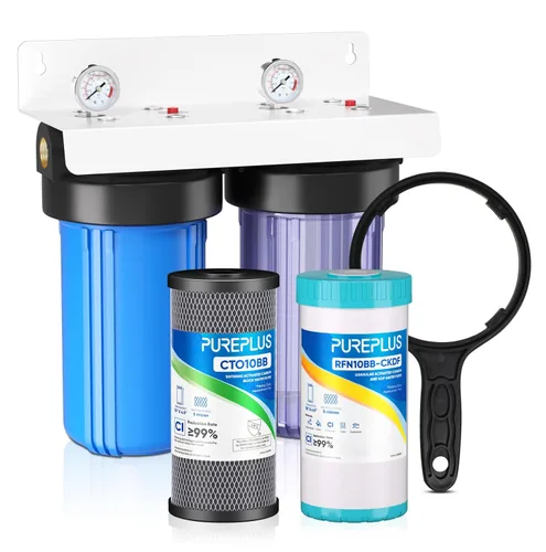 PUREPLUS Sistema de filtración de agua de 2 etapas para toda la casa, reduce los metales pesados, el cloro y el olor, carcasas de 10 x 4.5 pulgadas,
