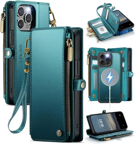 Miniatura 14 de Defencase Funda magnética para iPhone 13 Pro compatible con Magsafe con bloqueo RFID, correa de cremallera y tarjetero para mujer, funda de piel